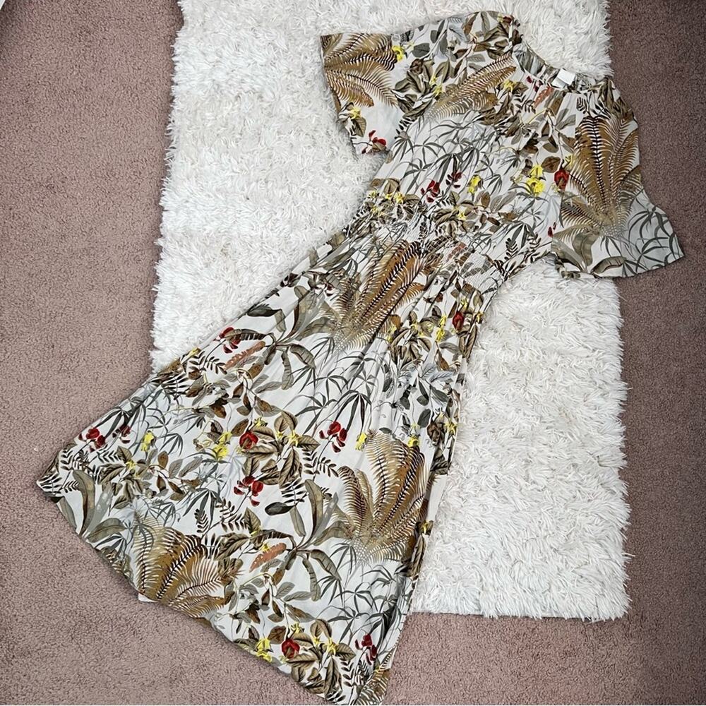 H&M Tropical Leaf Patterner Beige Midi Dress Size XS